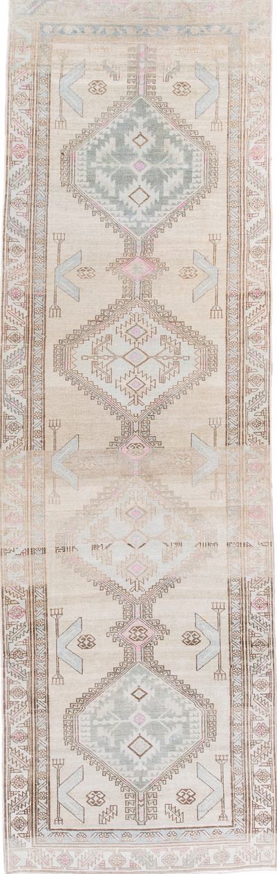 3' x 9' one-of-a-kind handmade vintage Sarab runner rug. Color palette: brown, dark gray, gainsboro, gray, light gray