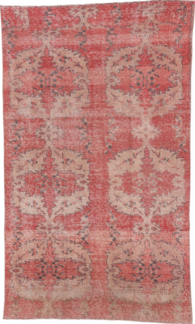 4' x 7' one-of-a-kind handmade vintage Oushak rug. Color palette: brown, pink