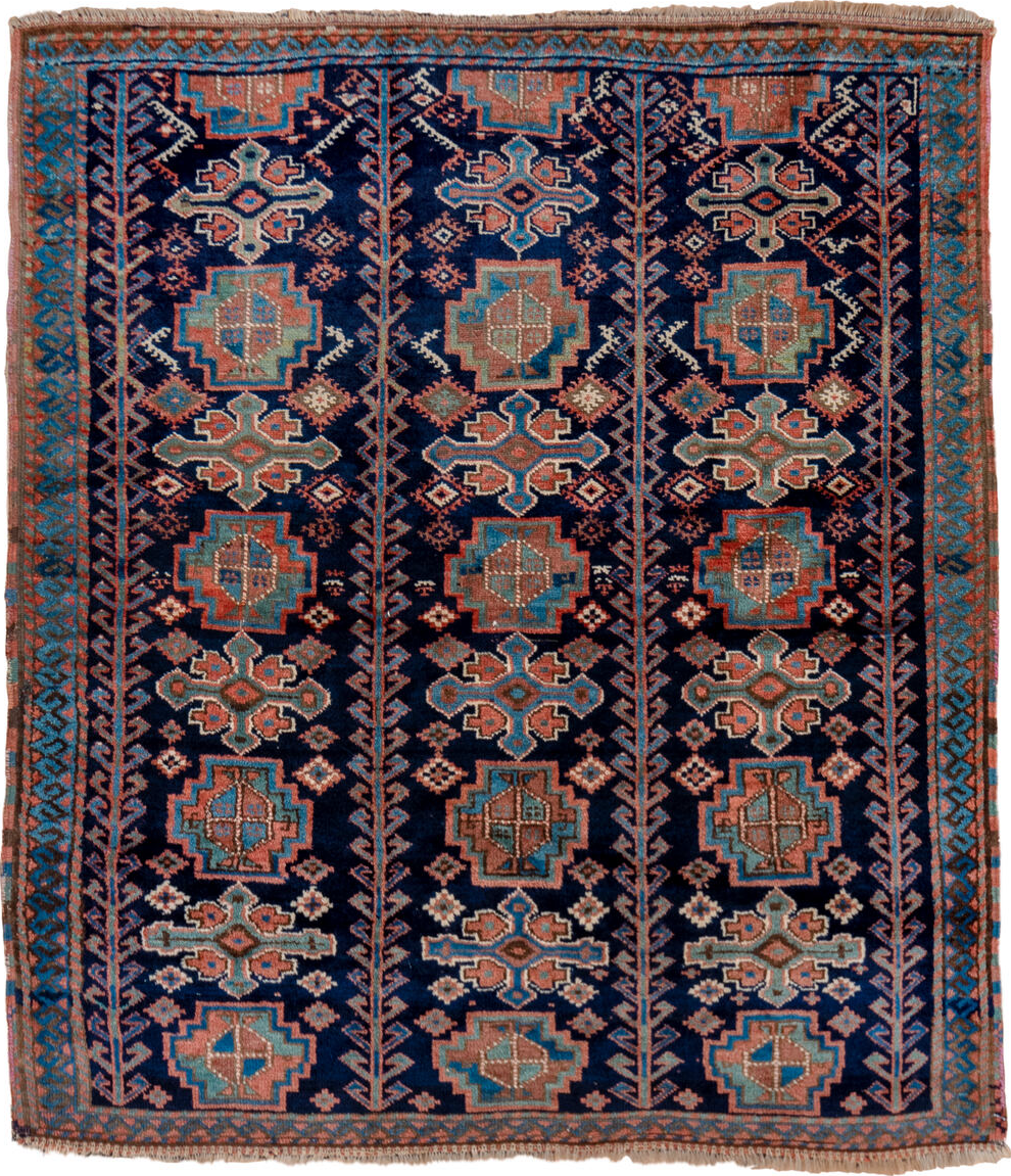 4' x 5' one-of-a-kind handmade vintage Kurd small size rug. Color palette: blue, brown, dim gray, fiord, gray, pink, red