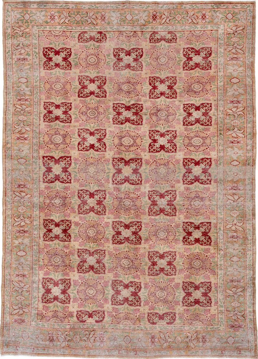 7' x 11' one-of-a-kind handmade vintage Oushak large size rug. Color palette: brown, gray, light gray, off-white, orange