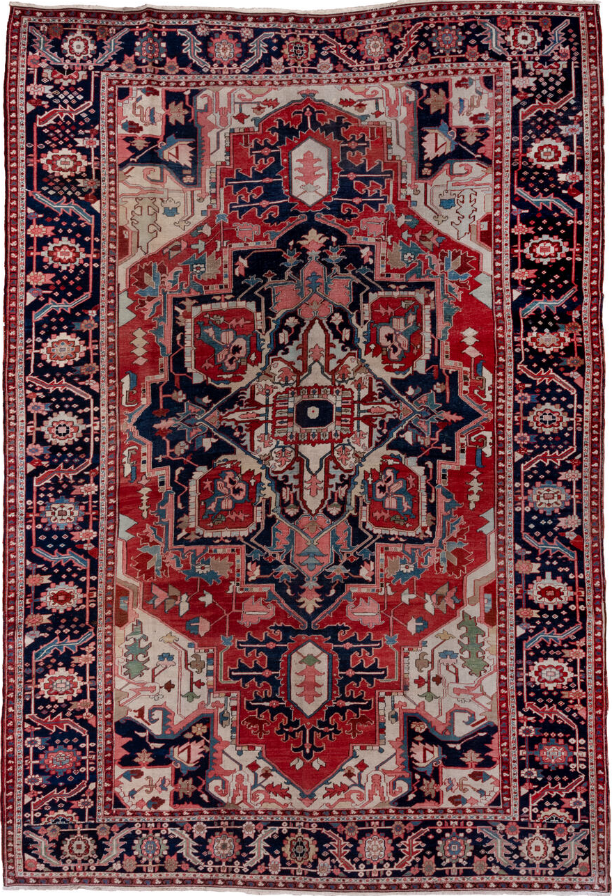 9' x 13' one-of-a-kind handmade vintage Serapi large size rug. Color palette: arapawa, blue, brown, gray, light gray