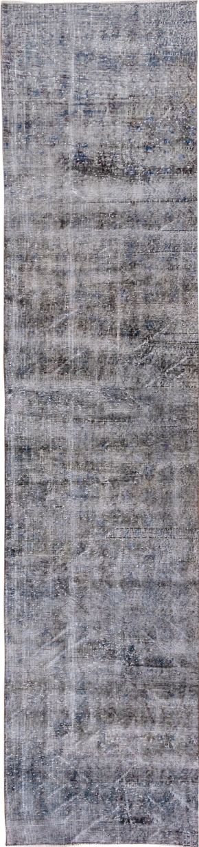 2' x 10' one-of-a-kind handmade vintage Overdyed runner rug. Color palette: black, blue, dark gray, dim gray, gray