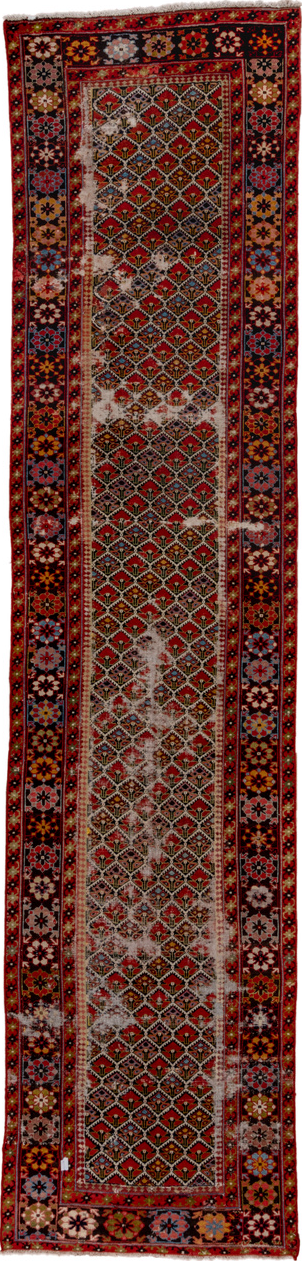 3' x 13' one-of-a-kind handmade vintage Malayer runner rug. Color palette: gray, brown, pink, black, red, maroon