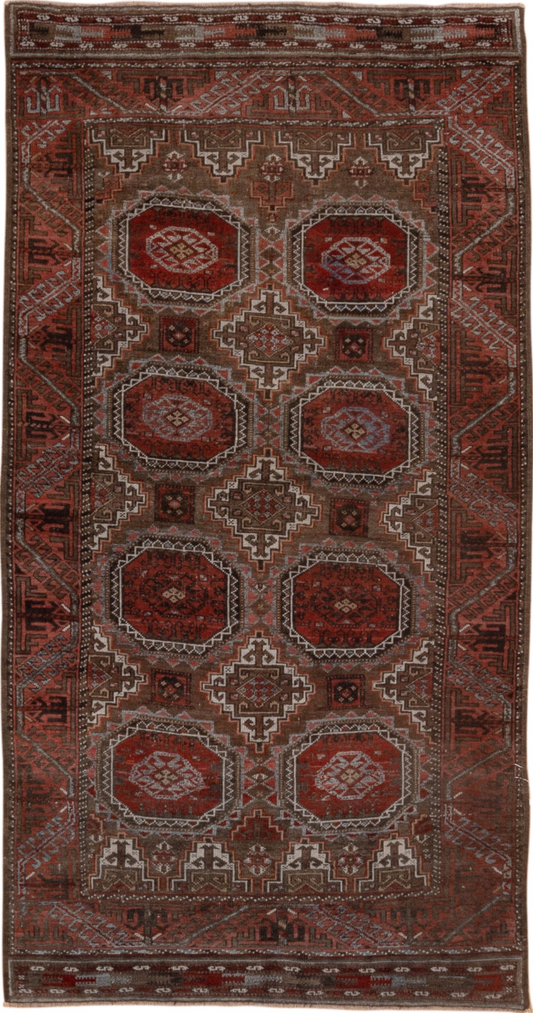 3' x 6' one-of-a-kind handmade vintage Belouch small size rug. Color palette: brown, gray, pink, red, redwood