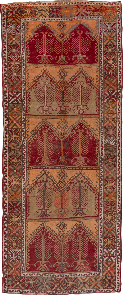 5' x 13' one-of-a-kind handmade vintage Oushak rug. Color palette: brown, gray, pink, red
