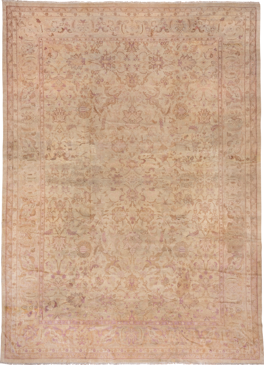 11' x 16' one-of-a-kind handmade vintage Agra oversize rug. Color palette: brown, light gray, off-white, orange, pink, tan