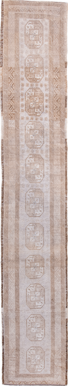 1' x 9' one-of-a-kind handmade vintage Afghan rug. Color palette: brown, dim gray, gainsboro, gray, light gray, off-white