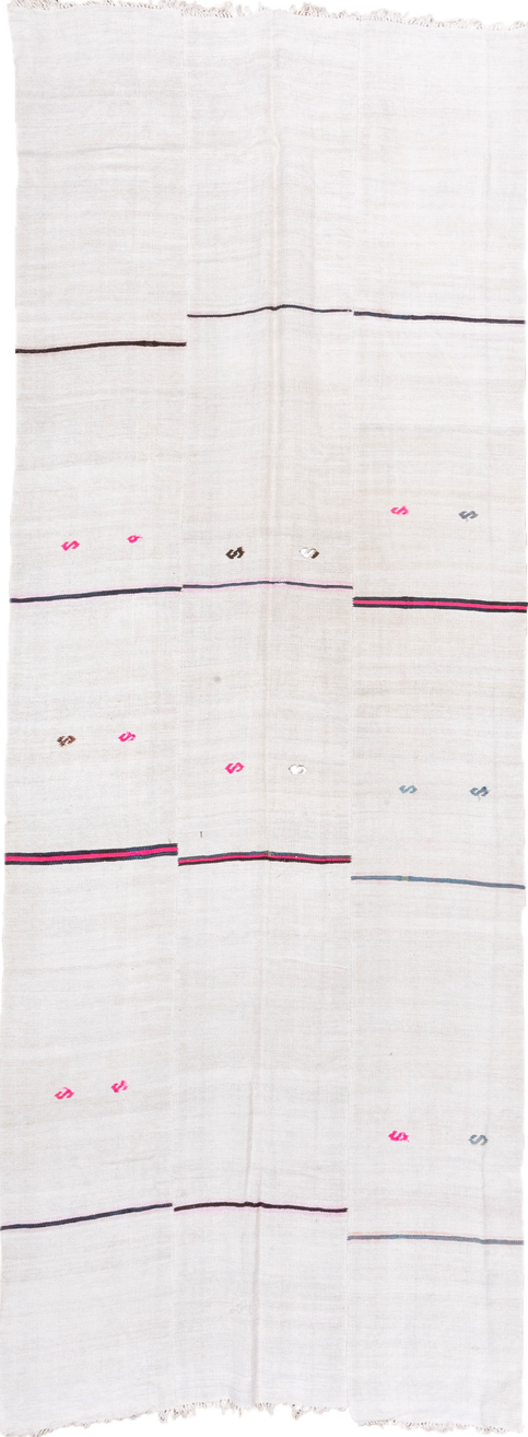 5' x 14' one-of-a-kind handmade vintage Hemp Kilim rug. Color palette: blue, dark gray, floral white, gainsboro, ghost white