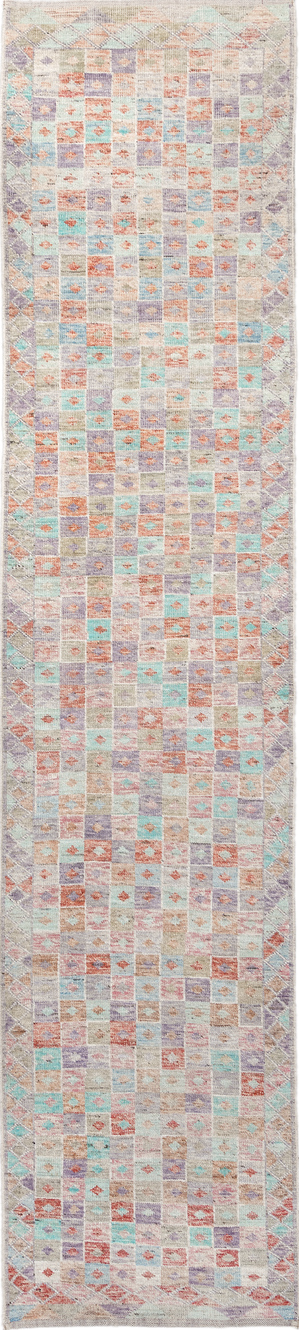 2' x 13' one-of-a-kind handmade vintage Tulu runner rug. Color palette: blue, brown, gainsboro, gray, light blue, light gray