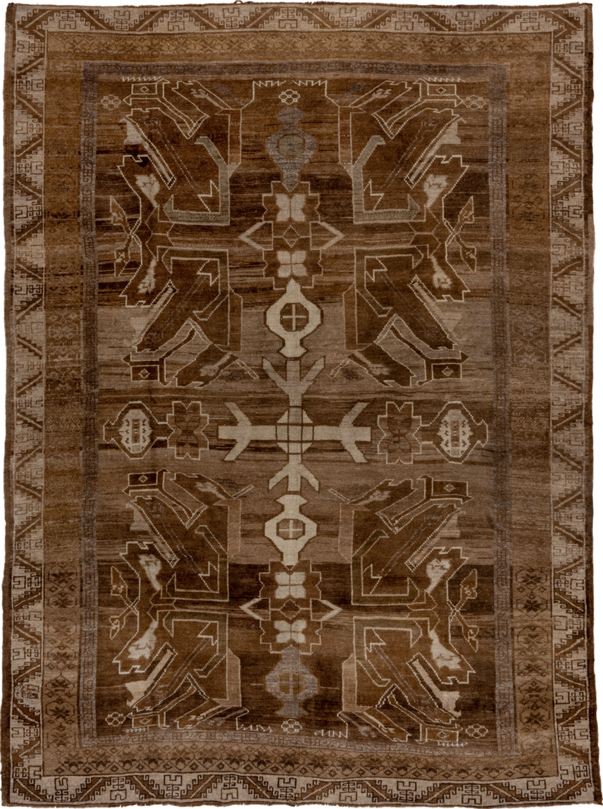 7' x 10' one-of-a-kind handmade vintage Kars large size rug. Color palette: brown, gray, linen, off-white, seashell