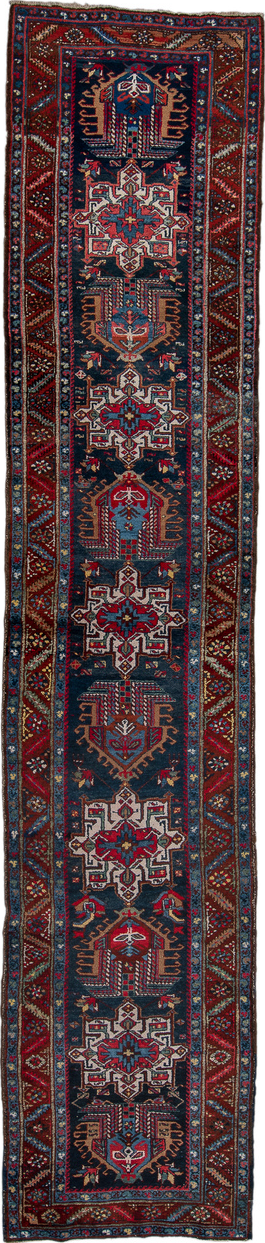 3' x 14' one-of-a-kind handmade vintage Heriz runner rug. Color palette: blue, brown, dim gray, gray, pink, red