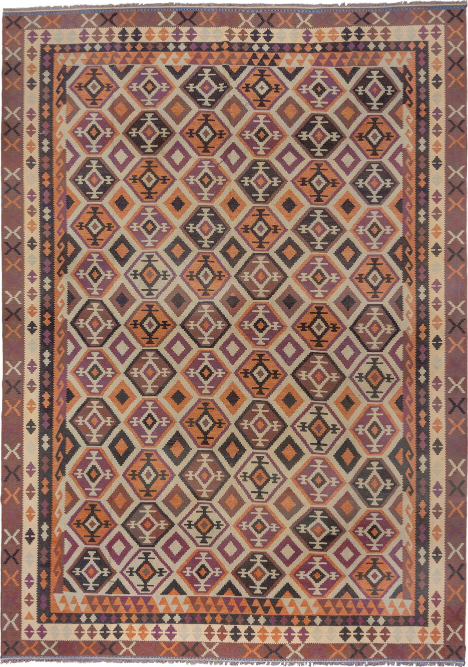 12' x 18' one-of-a-kind handmade vintage Kilim oversize rug. Color palette: brown, gray, orange, pink, red, wine