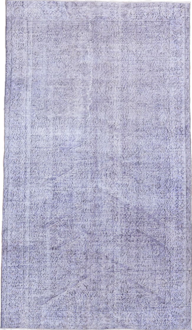 5' x 8' one-of-a-kind handmade vintage Overdyed medium size rug. Color palette: blue, gray, lavender, light blue, light gray