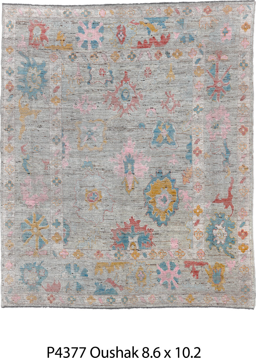 8' x 10' one-of-a-kind handmade vintage Oushak large size rug. Color palette: black, blue, brown, charcoal, gray, light blue