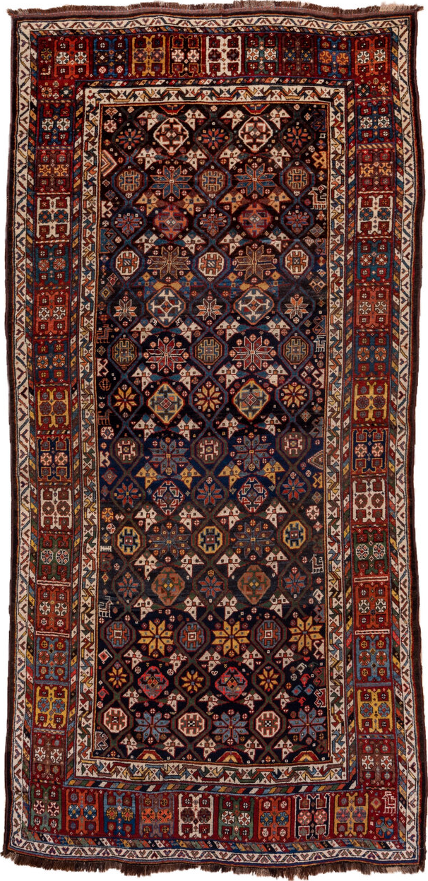 5' x 11' one-of-a-kind handmade vintage Baktiary rug. Color palette: black, blue, brown, gray, orange, pink, red