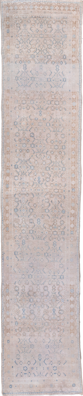 2' x 13' one-of-a-kind handmade vintage Hamadan runner rug. Color palette: dark gray, gray, light gray, off-white, pink