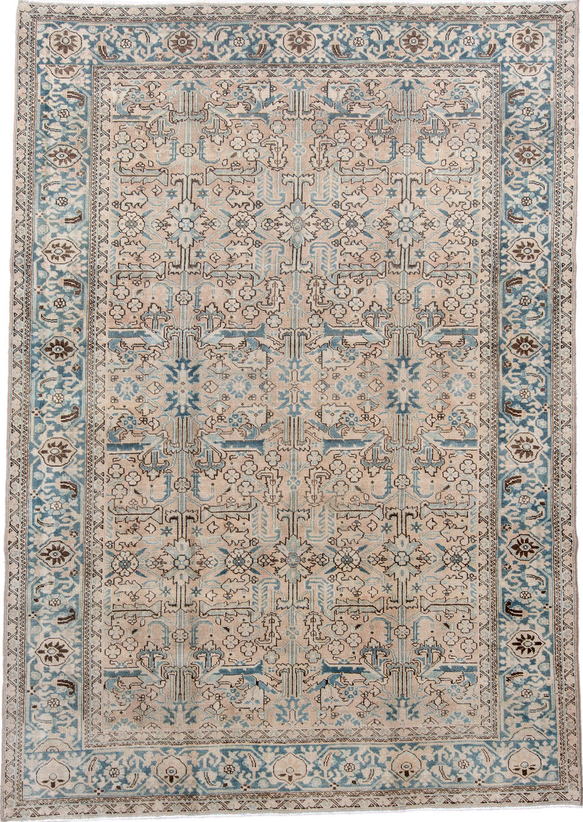 7' x 11' one-of-a-kind handmade vintage Heriz large size rug. Color palette: blue, brown, gainsboro, gray, light gray