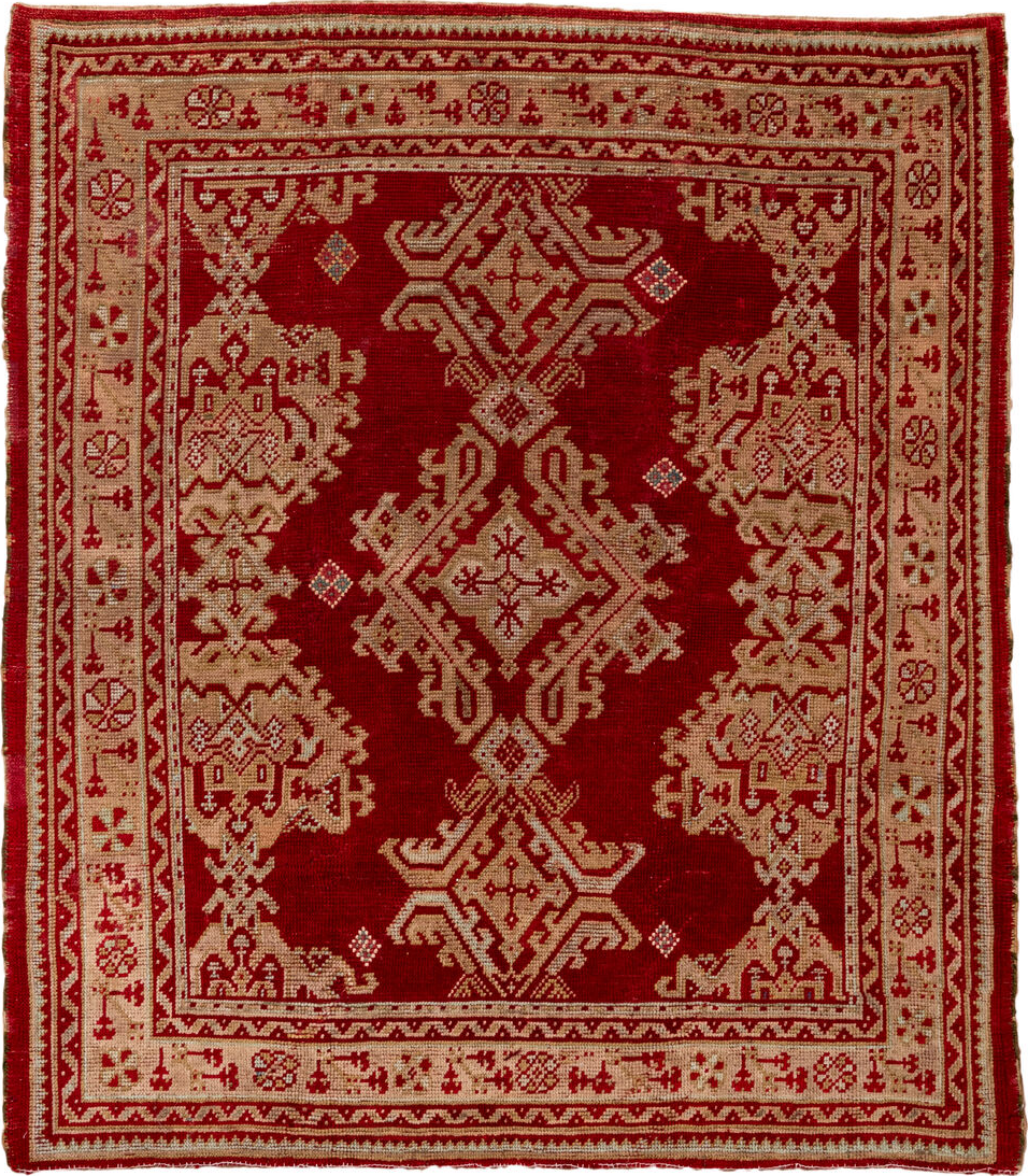 6' x 6' one-of-a-kind handmade vintage Oushak rug. Color palette: brown, maroon, pink, red
