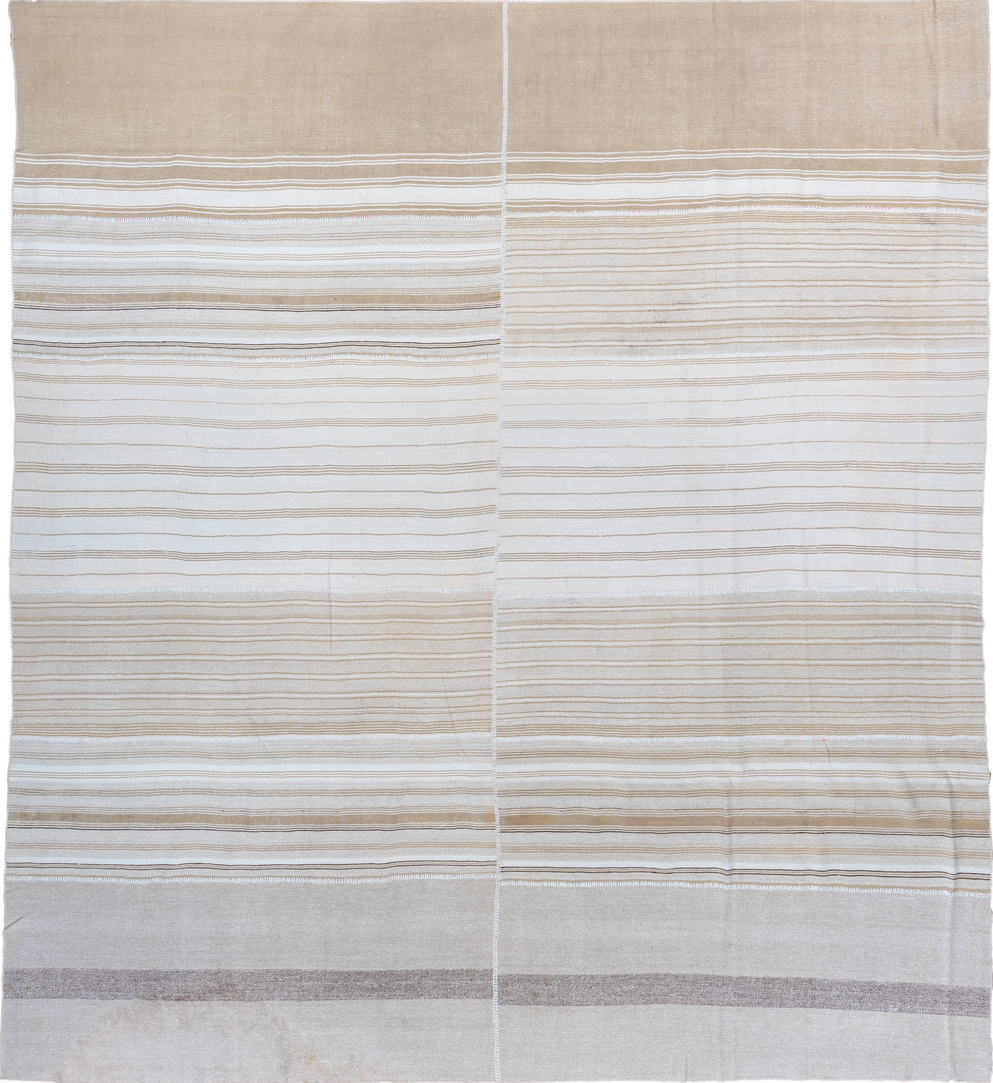 11' x 12' one-of-a-kind handmade vintage Flatweave oversize rug. Color palette: brown, dark gray, gainsboro, gray