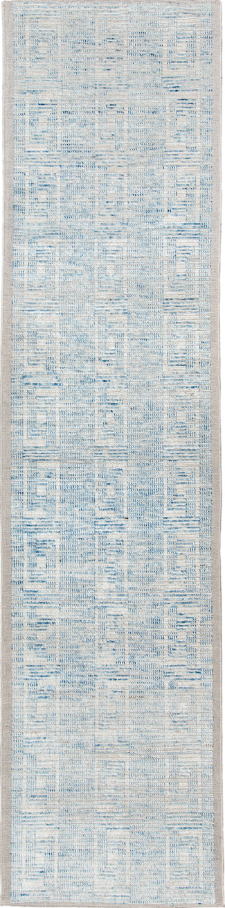 3' x 13' one-of-a-kind handmade vintage Tulu runner rug. Color palette: alice blue, blue, dark gray, gainsboro, ghost white