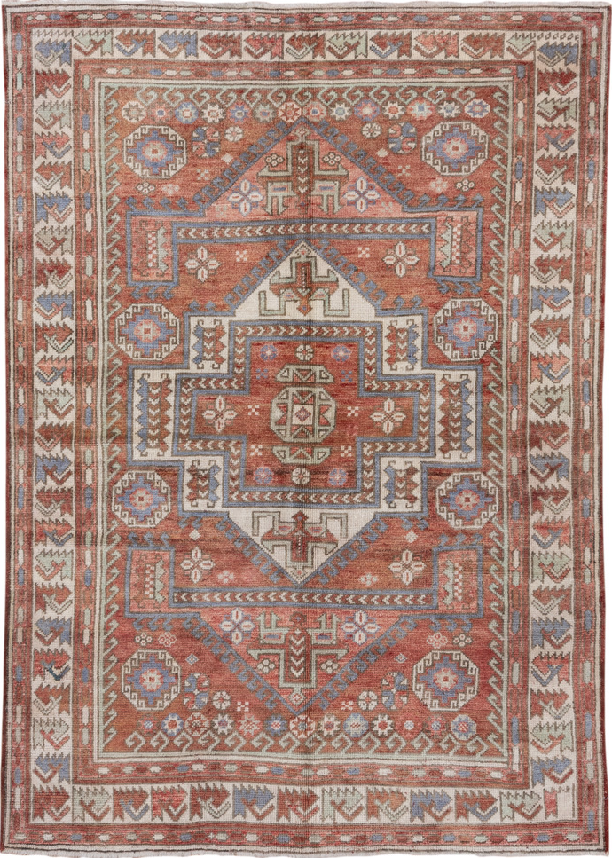 5' x 8' one-of-a-kind handmade vintage Oushak medium size rug. Color palette: brown, gray, light gray, off-white, pink, red