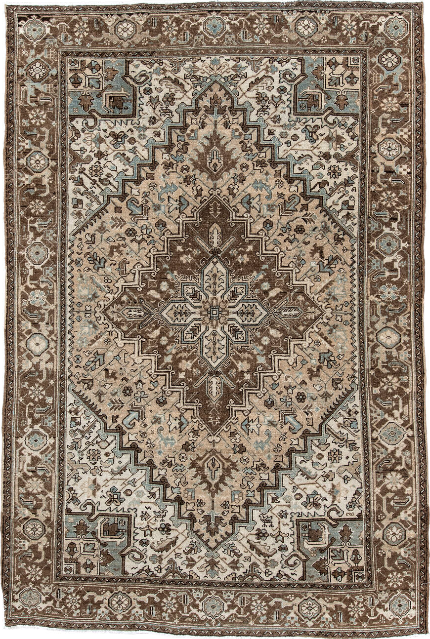6' x 9' one-of-a-kind handmade vintage Heriz medium size rug. Color palette: off-white, gray, light gray, black, brown