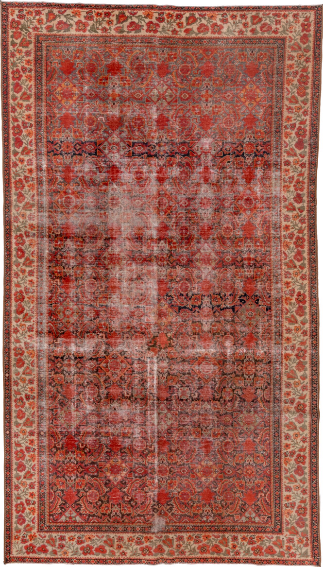5' x 9' one-of-a-kind handmade vintage Malayer medium size rug. Color palette: brown, gray, pink, red, redwood