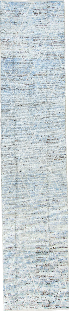 3' x 15' one-of-a-kind handmade vintage Tulu runner rug. Color palette: black, blue, dark gray, gainsboro, gray, light blue