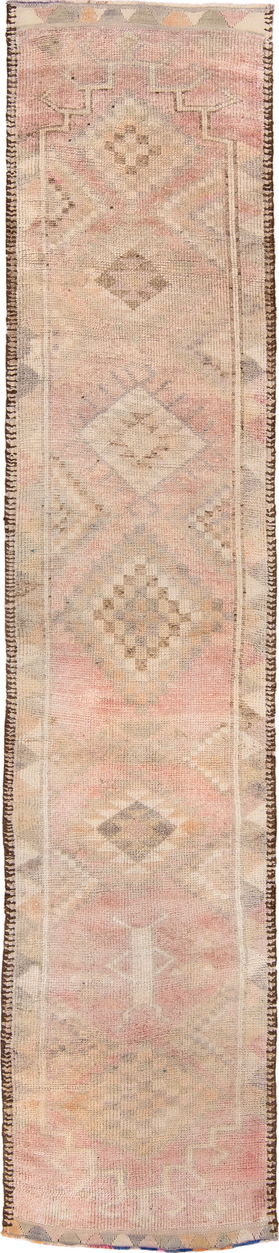 2' x 12' one-of-a-kind handmade vintage Kars runner rug. Color palette: brown, off-white, orange, pink, snow, white