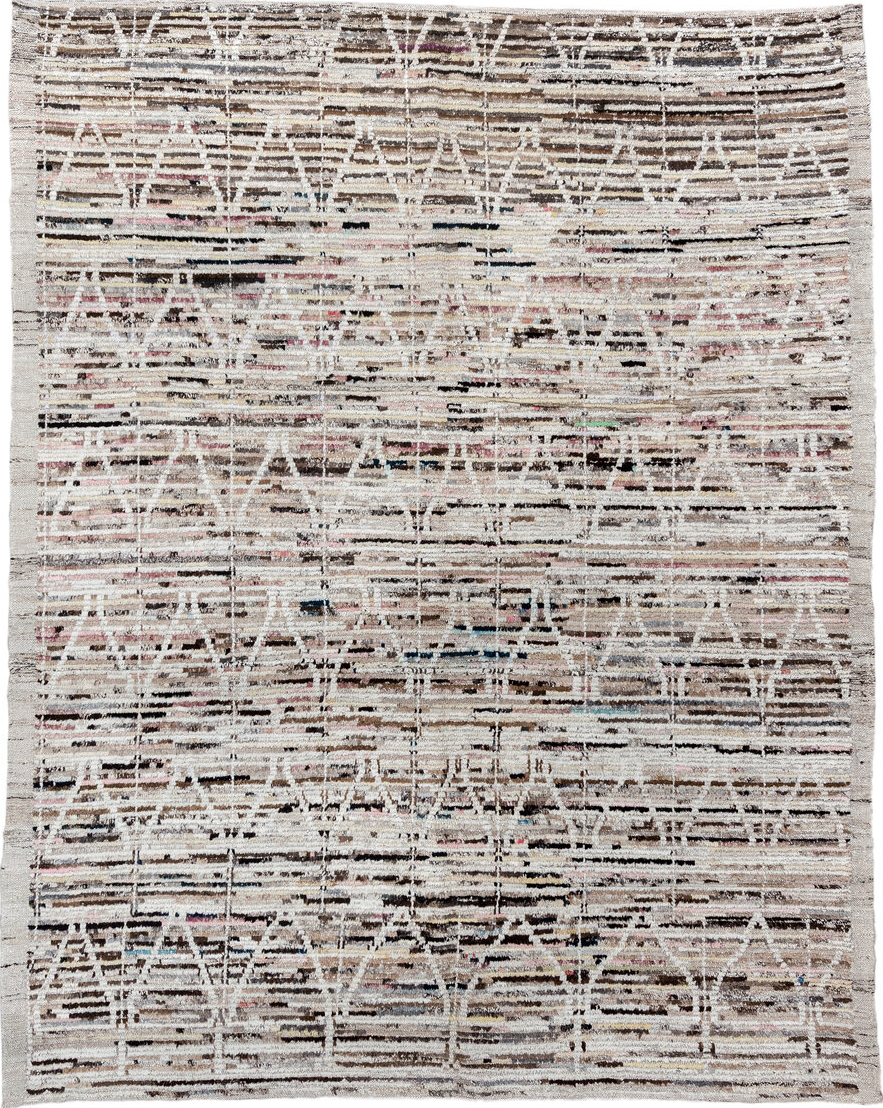 7' x 9' one-of-a-kind handmade vintage Tulu rug. Color palette: off-white, gray, light gray, black, blue, pink, gainsboro
