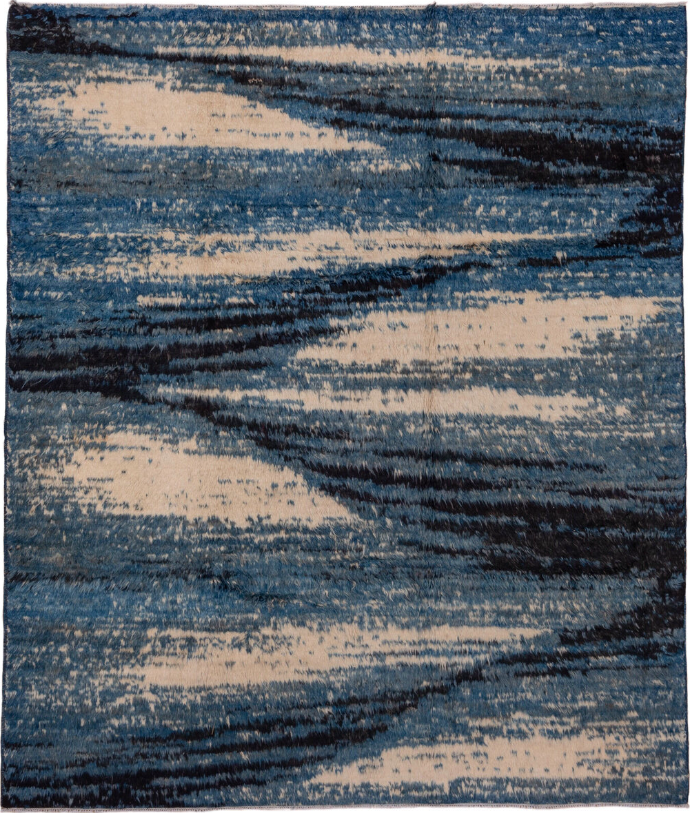 8' x 9' one-of-a-kind handmade vintage Moroccan rug. Color palette: arapawa, black, blue, brown, charcoal, fiord, gray