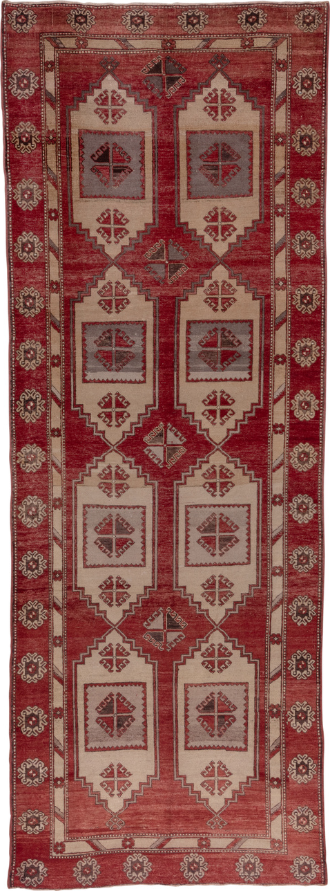 5' x 14' one-of-a-kind handmade vintage Oushak rug. Color palette: brown, pink, red