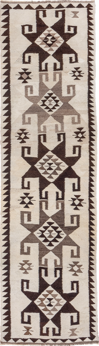 2' x 10' one-of-a-kind handmade vintage Kilim runner rug. Color palette: brown, dim gray, gray, light gray, off-white, pink