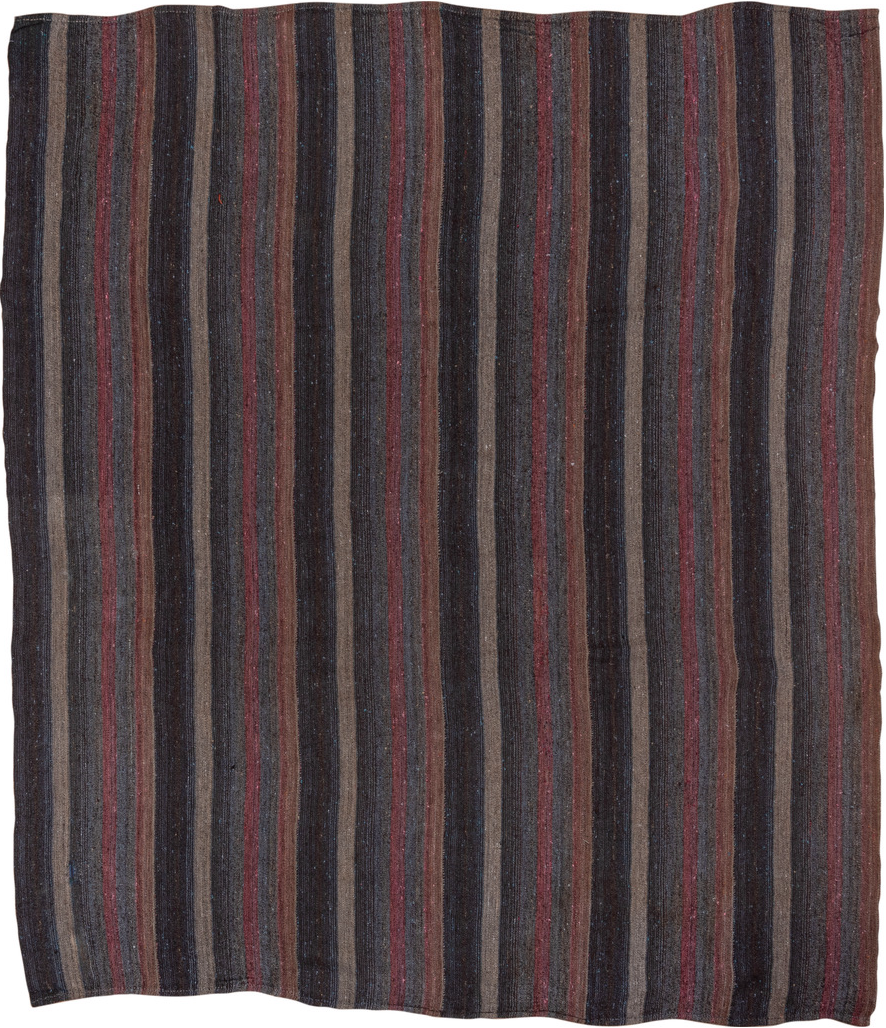9' x 10' one-of-a-kind handmade vintage Kilim large size rug. Color palette: black, brown, gray, pink, red, rosy brown