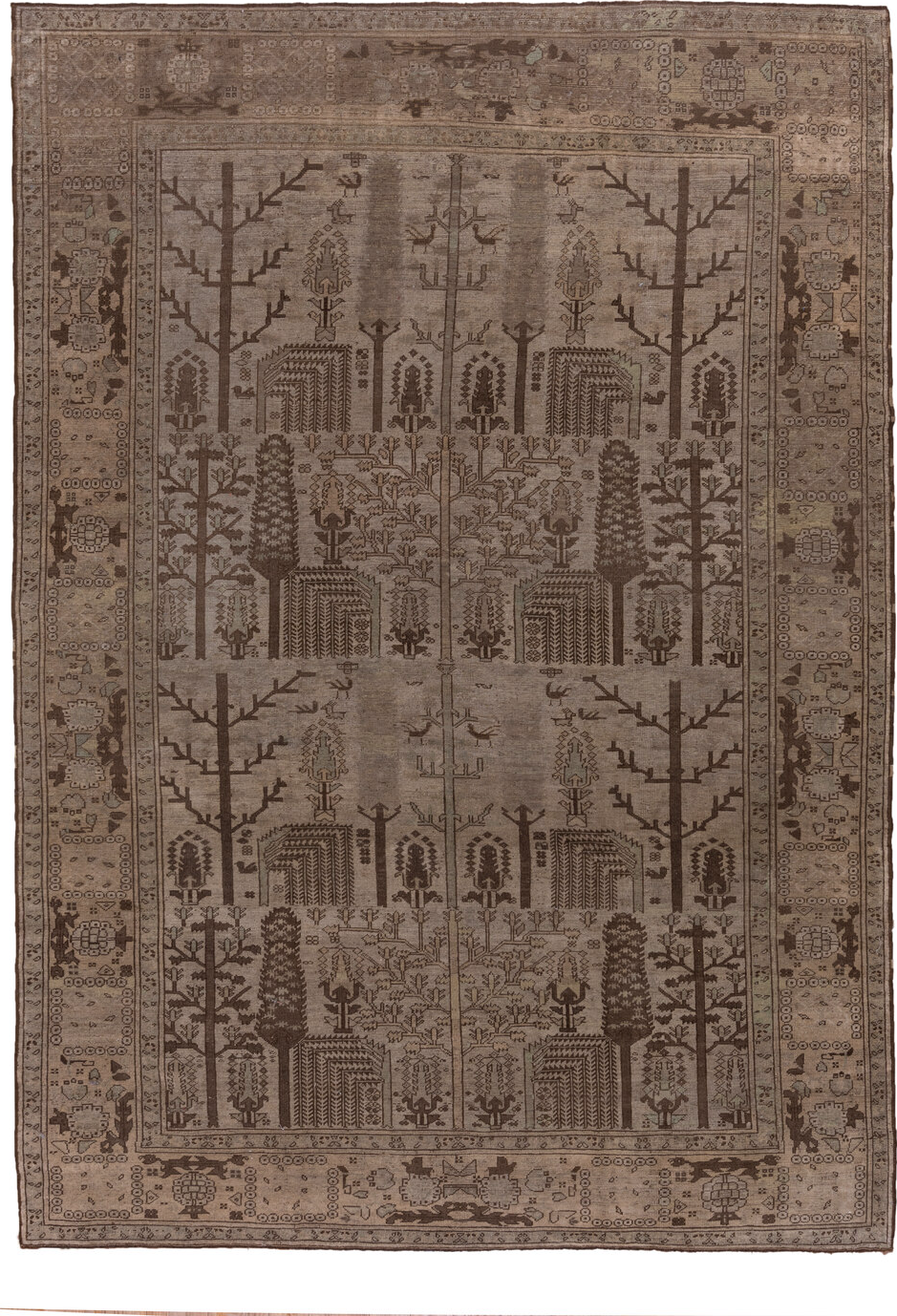8' x 11' one-of-a-kind handmade vintage Oushak large size rug. Color palette: brown, gray, light gray, off-white, pink