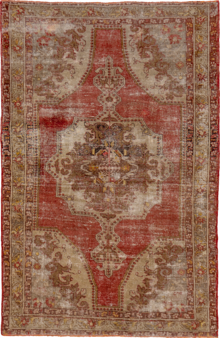 4' x 7' one-of-a-kind handmade vintage Oushak rug. Color palette: brown, gray, light gray, off-white, pink, red, sienna