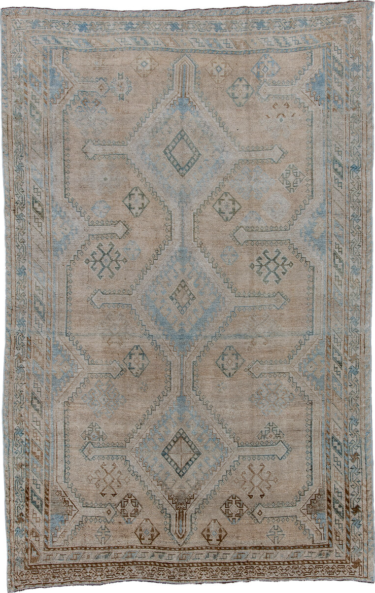 5' x 8' one-of-a-kind handmade vintage Shiraz medium size rug. Color palette: black, blue, brown, dark gray, dim gray, gray