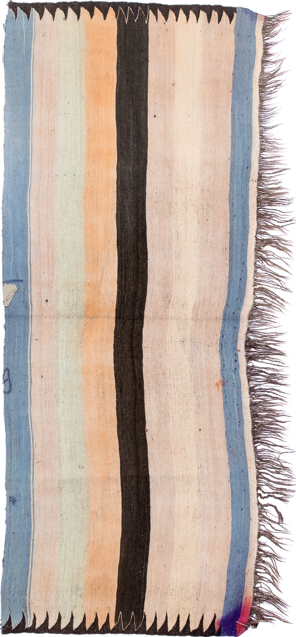 2' x 6' one-of-a-kind handmade vintage runner rug. Color palette: gray, pink, off-white, orange, light blue, light gray