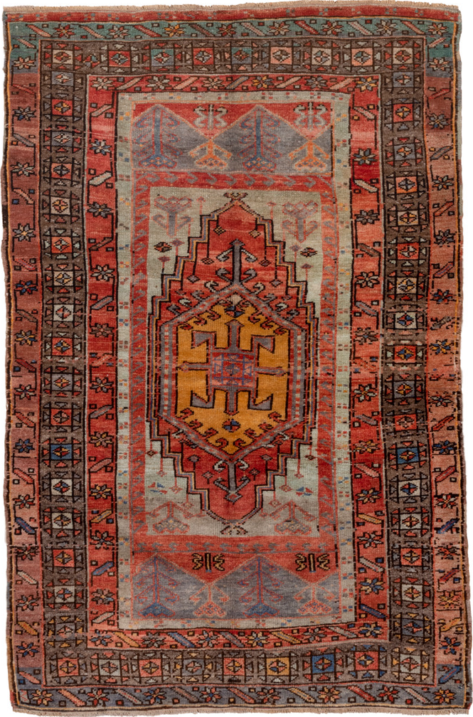 3' x 5' one-of-a-kind handmade vintage Oushak small size rug. Color palette: black, blue, brown, gray, pink