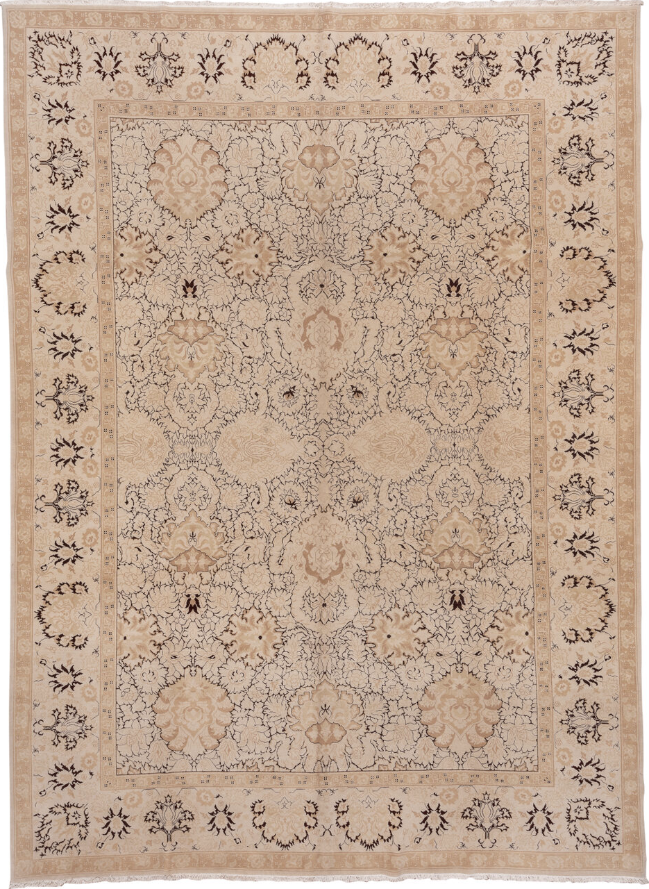 10' x 13' one-of-a-kind handmade vintage Agra large size rug. Color palette: brown, gray, light gray, off-white, orange