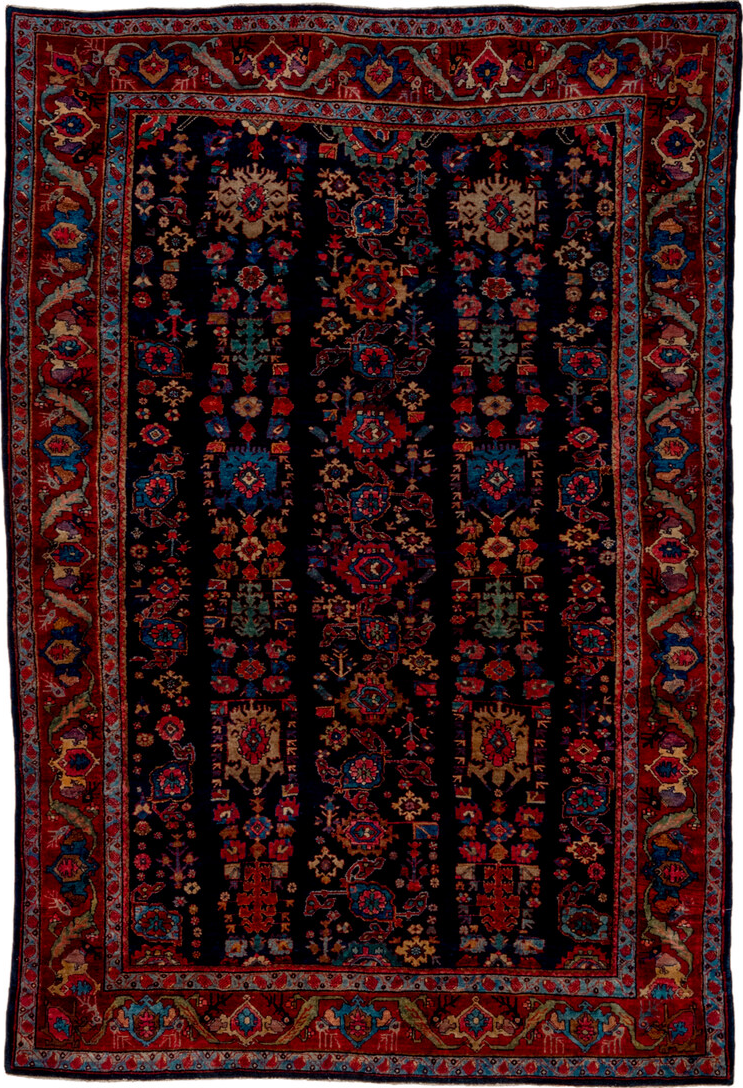 6' x 9' one-of-a-kind handmade vintage Bidjar medium size rug. Color palette: gray, brown, blue, off-white, red, white, snow