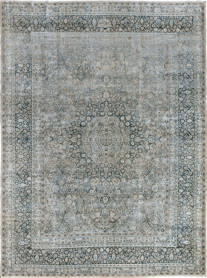 8' x 11' one-of-a-kind handmade vintage Meshed large size rug. Color palette: black, blue, brown, charcoal, dim gray, gray