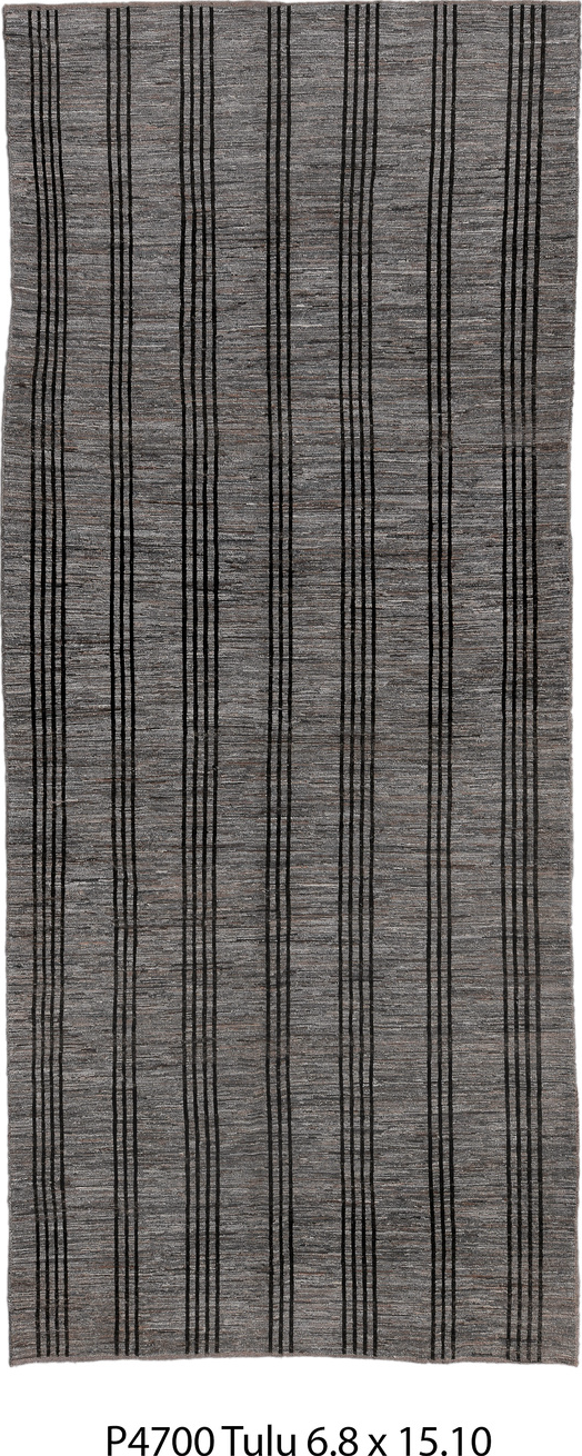 6' x 15' one-of-a-kind handmade vintage Tulu rug. Color palette: black, charcoal, dark gray, dim gray, gainsboro, gray