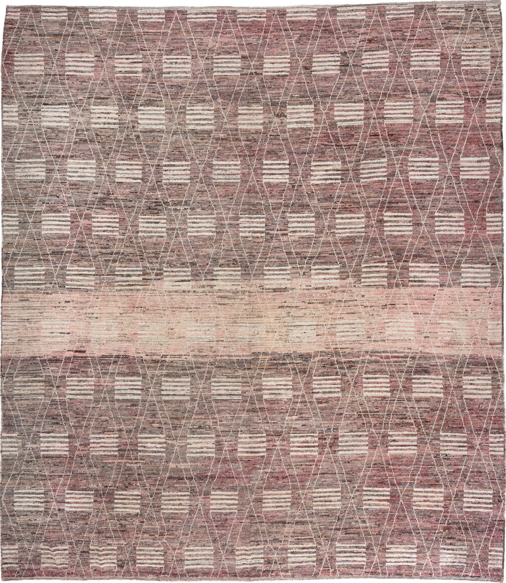 12' x 14' one-of-a-kind handmade vintage Tulu oversize rug. Color palette: brown, gray, light gray, off-white, orange, pink
