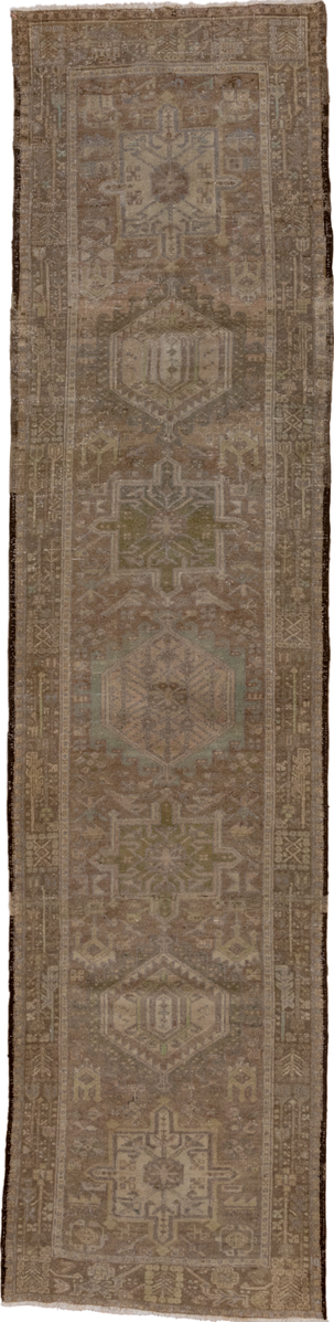 3' x 12' one-of-a-kind handmade vintage Karaje runner rug. Color palette: brown, gray, light gray, off-white, snow, white