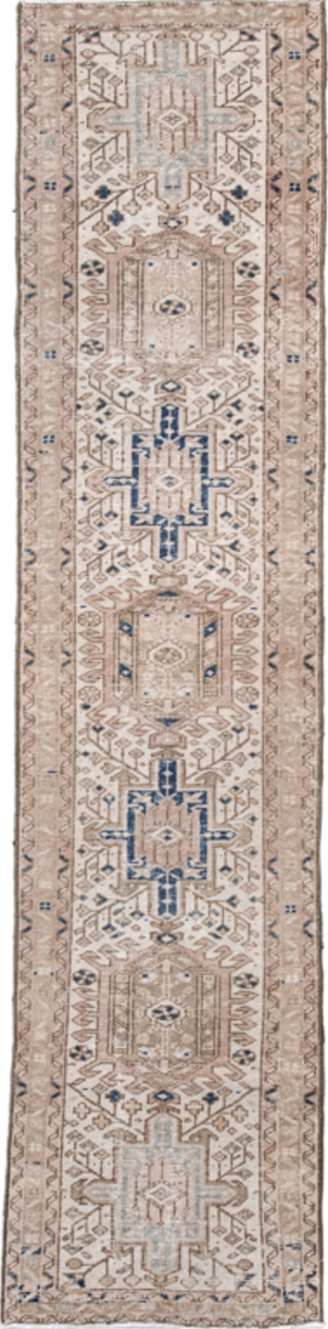 2' x 8' one-of-a-kind handmade vintage Karaje runner rug. Color palette: black, blue, fiord, gray, light gray