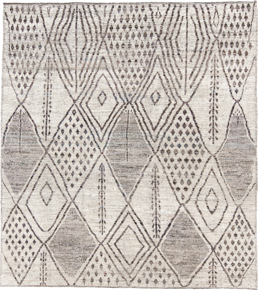 8' x 9' one-of-a-kind handmade vintage Tulu rug. Color palette: black, dark gray, gainsboro, gray, light gray, linen