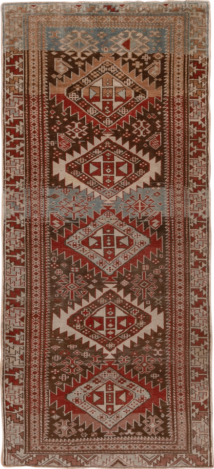 2' x 6' one-of-a-kind handmade vintage Shirvan runner rug. Color palette: brown, pink, red