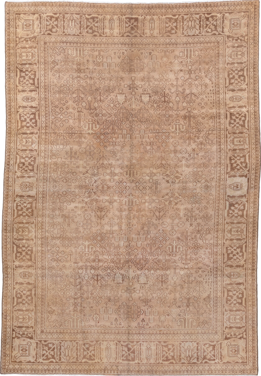 6' x 10' one-of-a-kind handmade vintage Sivas large size rug. Color palette: brown, off-white, orange, pink