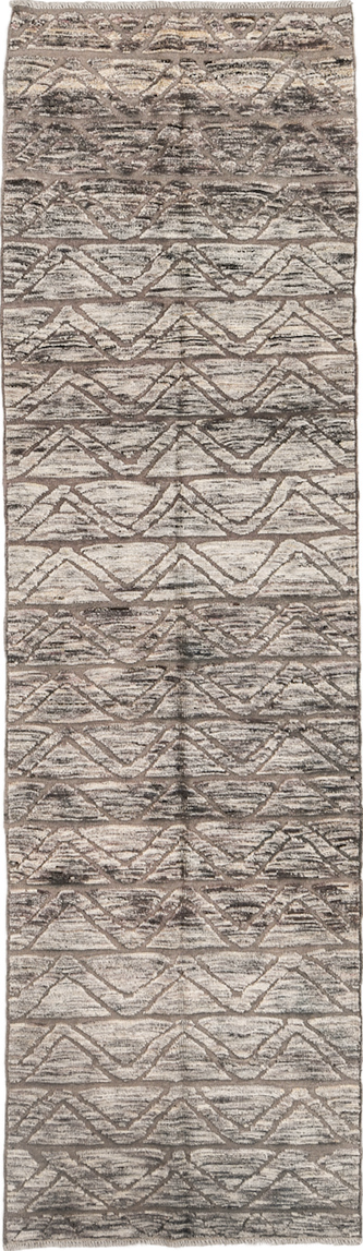 2' x 10' one-of-a-kind handmade vintage Tulu runner rug. Color palette: black, dark gray, gray, light gray, off-white, pink